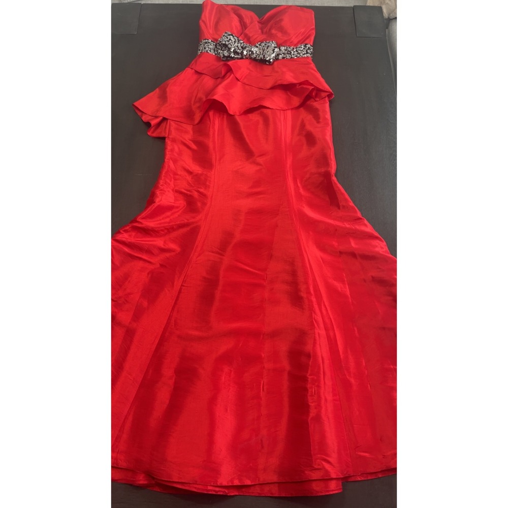 Lafee Jasmine Red Peplum Evening Gown‎ Sequin Bow Strapless Formal Dress Size 8